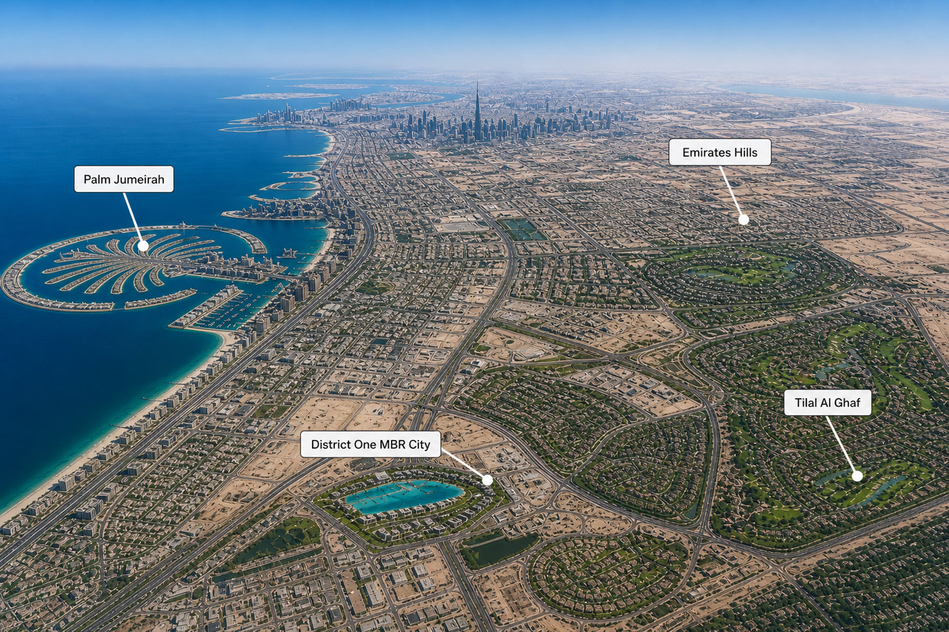 Dubai's prime villa districts and their master developers: Palm Jumeirah by Nakheel, Emirates Hills by Emaar, District One by Sobha and Meydan, and Tilal Al Ghaf by Majid Al Futtaim, each with distinct architectural codes