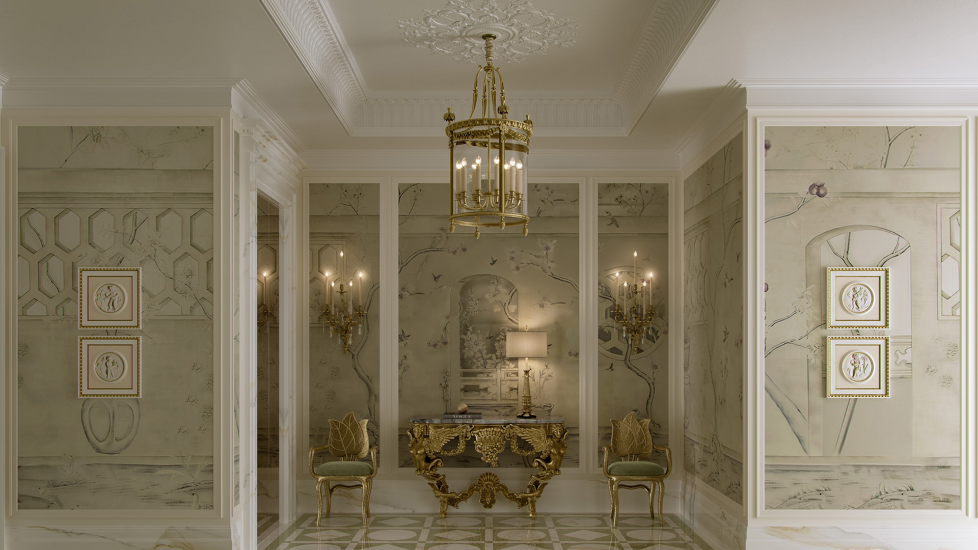 A classical reception interior by Aparna Kaushik Design Group, demonstrating the studio's fusion of European classicism with contemporary Indian residential life