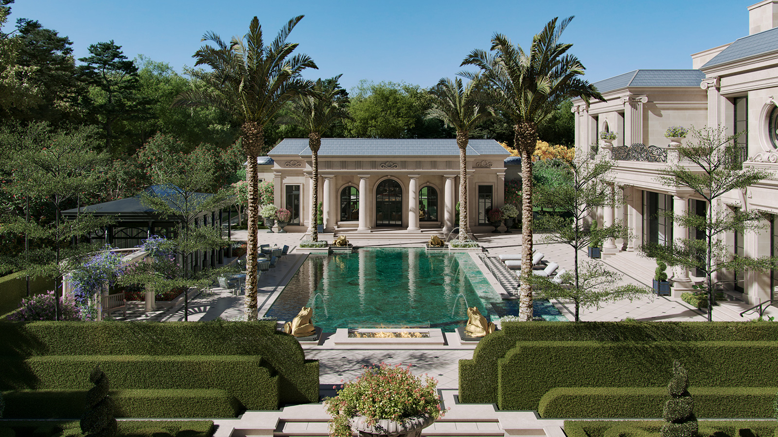 A classical residential estate by Aparna Kaushik Design Group, shown in context with formal gardens and considered approach sequence, illustrating the architectural coherence that holds classical work together over decades