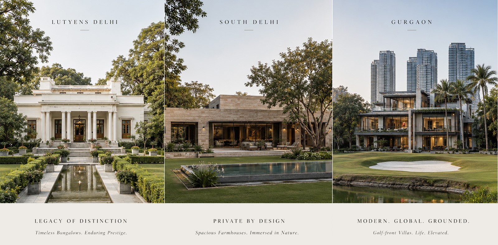 The three primary Delhi NCR luxury residential zones where the best architects concentrate their work: Lutyens’ Bungalow Zone, South Delhi farmhouse belt, and Gurgaon golf-course-fronting precincts