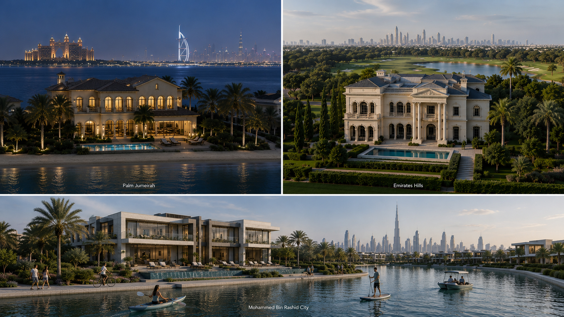 Dubai's three primary luxury villa districts where UHNW interior design commissions are concentrated: Palm Jumeirah waterfront villas, Emirates Hills classical estates, and Mohammed Bin Rashid City contemporary residences