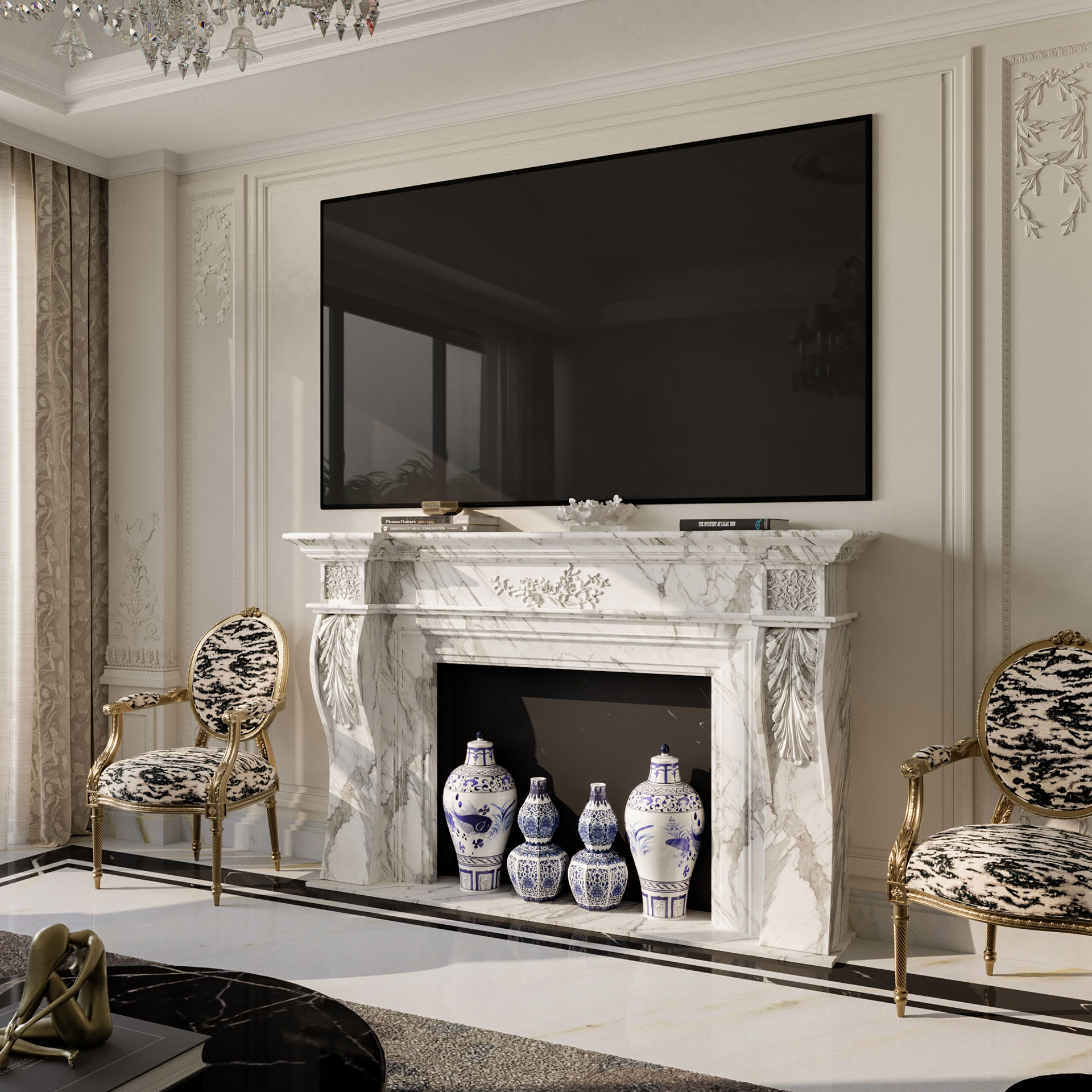 Ultra luxury penthouse living room interior with double-height windows overlooking a city skyline, designed by Aparna Kaushik Design Group, India
