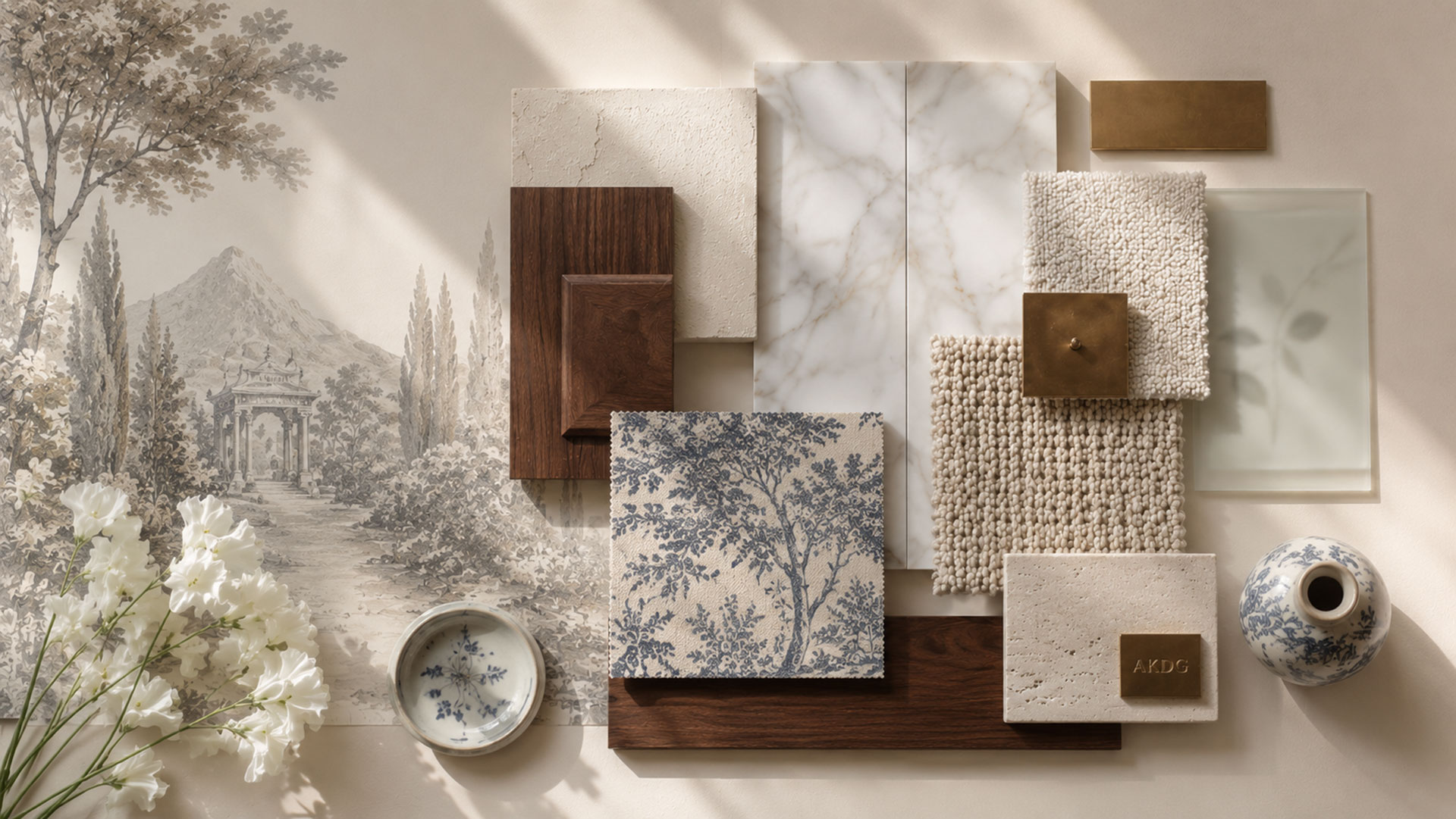 Material palette flat-lay showing book-matched marble, European oak, brushed bronze, and boucle textile samples for a Delhi penthouse project, Aparna Kaushik Design Group