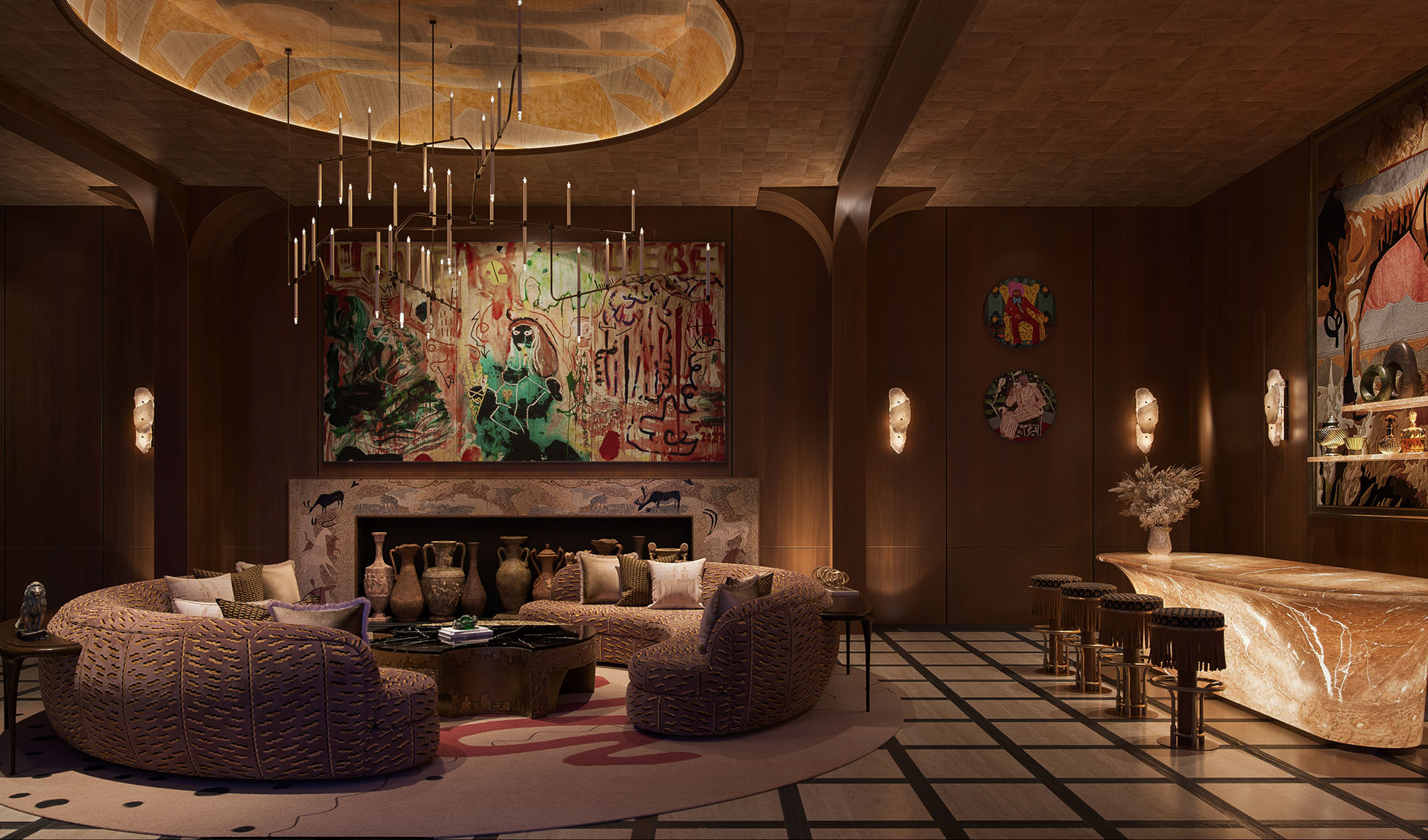 Formal drawing room of a luxury Indian mansion with hand-knotted carpet, classical proportions, and bespoke furniture, designed by Aparna Kaushik Design Group