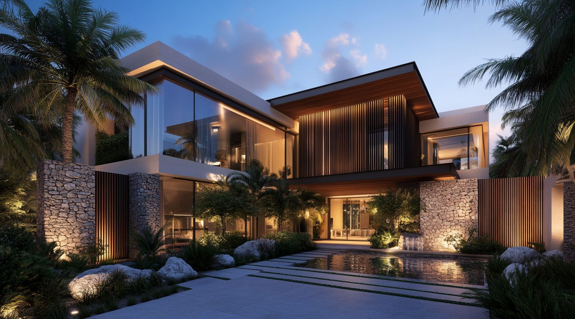 Contemporary majlis in an Abu Dhabi home with mashrabiya screening and natural stone