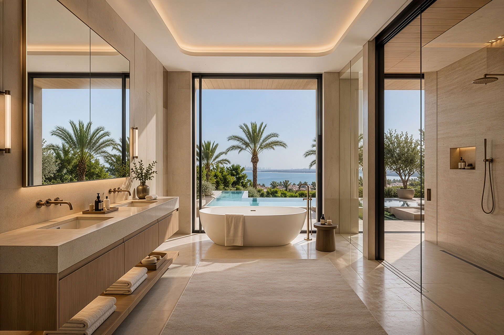 Landscape design for a Dubai luxury villa pool and shaded majlis terrace