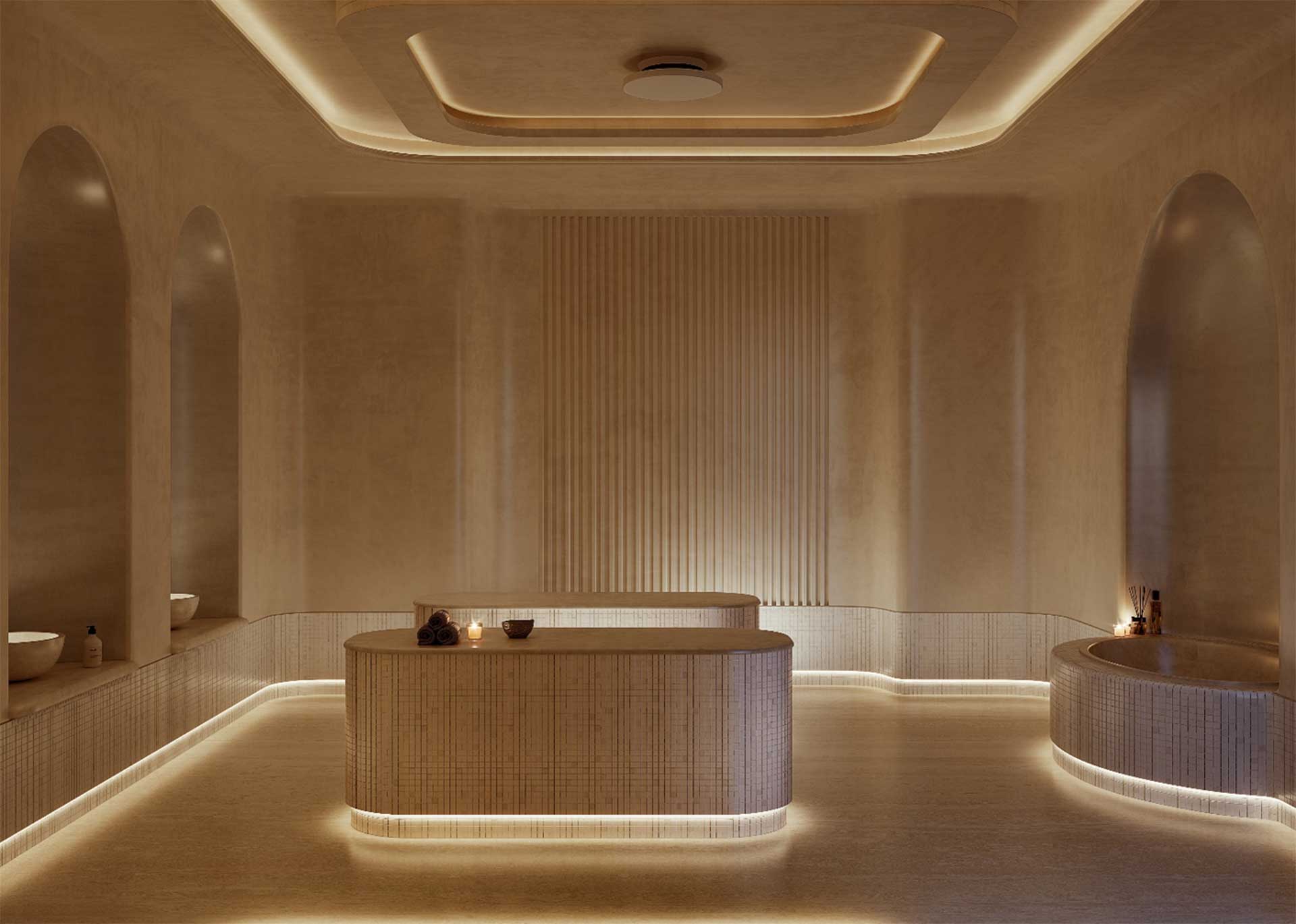 Plant room serving a villa wellness suite showing steam generator, pool filtration and a clear equipment removal route